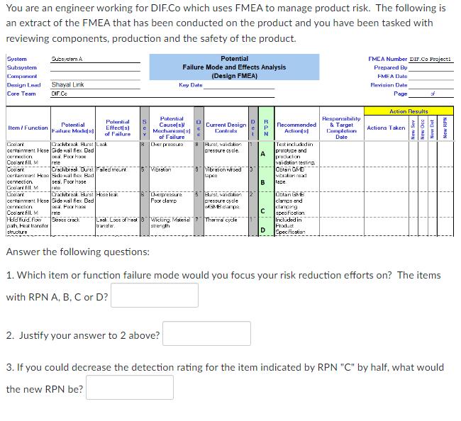 You are an engineer working for DIF.Co which uses FMEA to manage product risk. The following is an extract of the FMEA that h