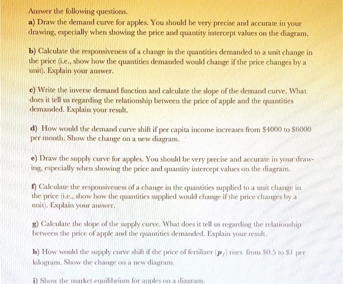 Answer the following questions. a) Draw the demand curve for apples. You should be very precise and accurate