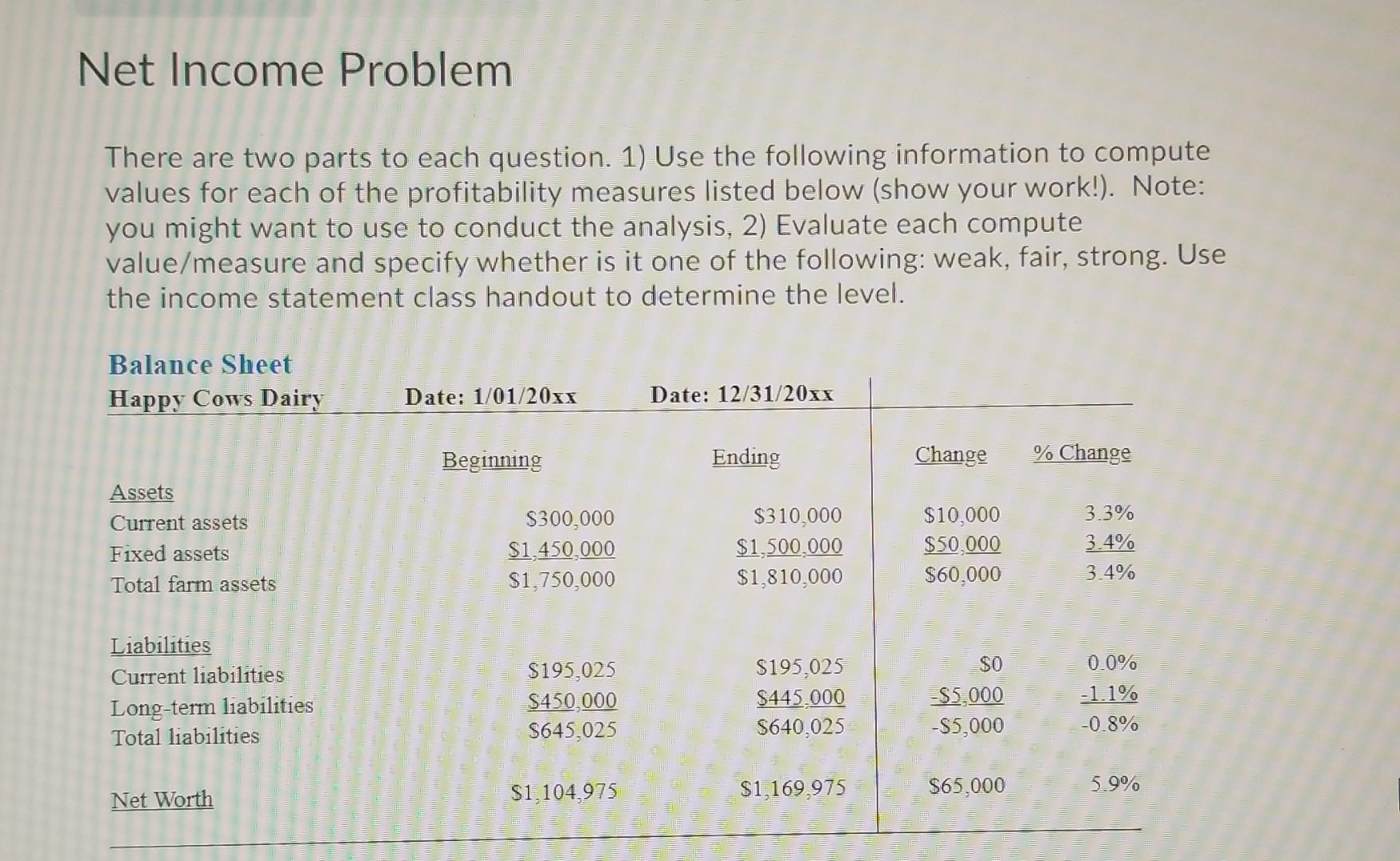 Net Income Problem There are two parts to each question. 1) Use