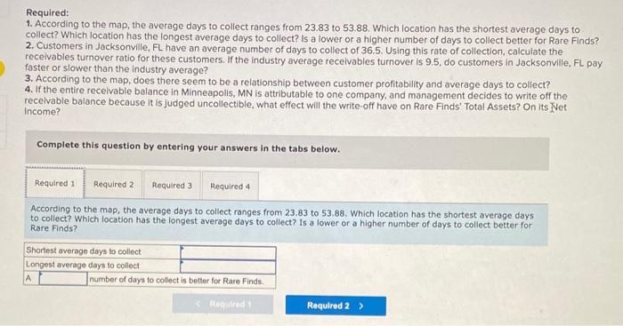 Required: 1. According to the map, the average days to collect ranges from 23.83 to 53.88. Which location has