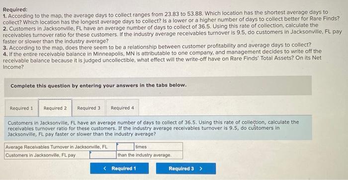 Required: 1. According to the map, the average days to collect ranges from 23.83 to 53.88. Which location has