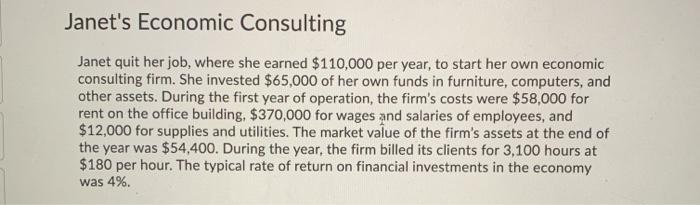 Janets Economic Consulting Janet quit her job, where she earned $110,000 per year, to start her own economic consulting firm