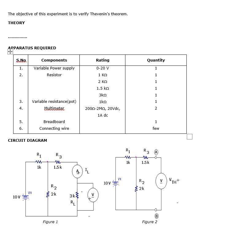 The objective of this experiment is to verify Thevenin's theorem. THEORY APPARATUS REQUIRED S.No 1. 2. 3. 4.