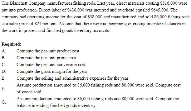 The Blanchett Company manufactures fishing rods. Last year, direct materials costing $516,000 wereput into production Direct