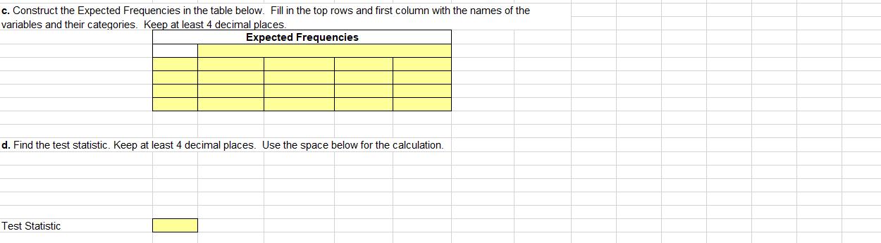 c. Construct the Expected Frequencies in the table below. Fill in the top rows and first column with the names of the variabl