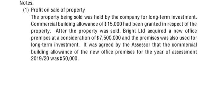 Notes: (1) Profit on sale of property The property being sold was held by the company for long-term investment. Commercial bu