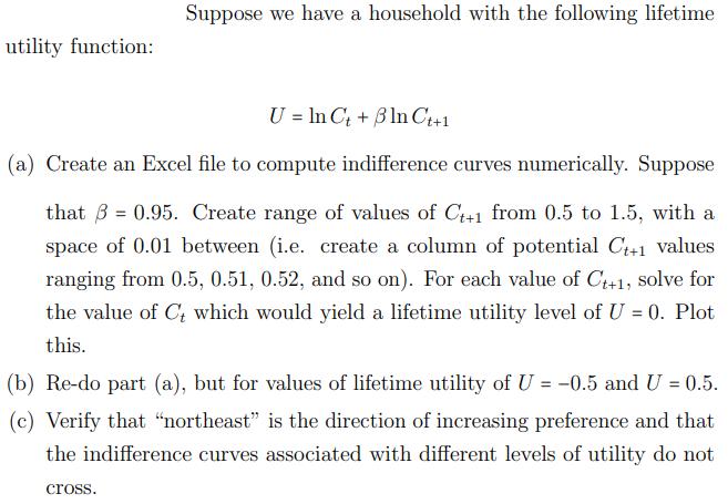 utility function: Suppose we have a household with the following lifetime U = In Ct + ln Ct+1 (a) Create an