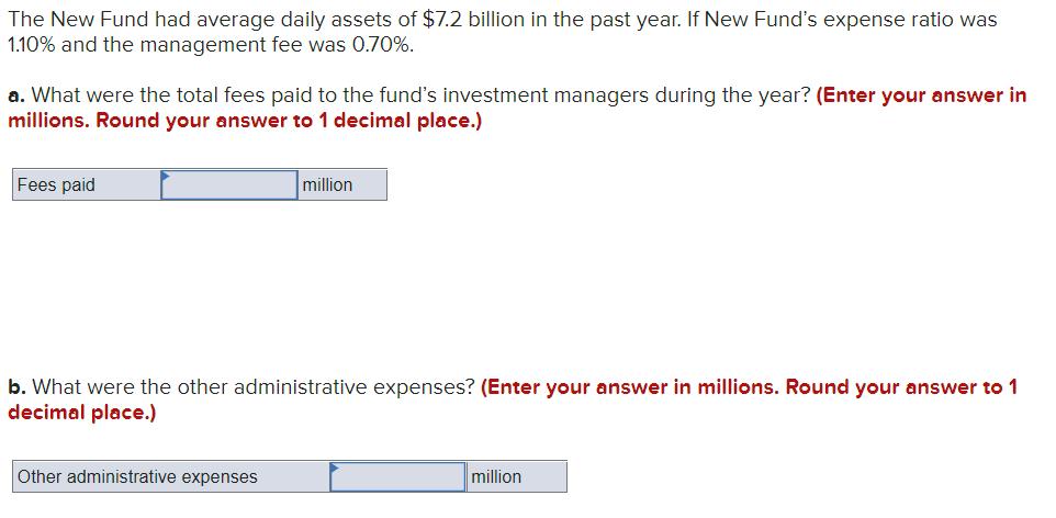 The New Fund had average daily assets of ( $ 7.2 ) billion in the past year. If New Funds expense ratio was ( 1.10 % )