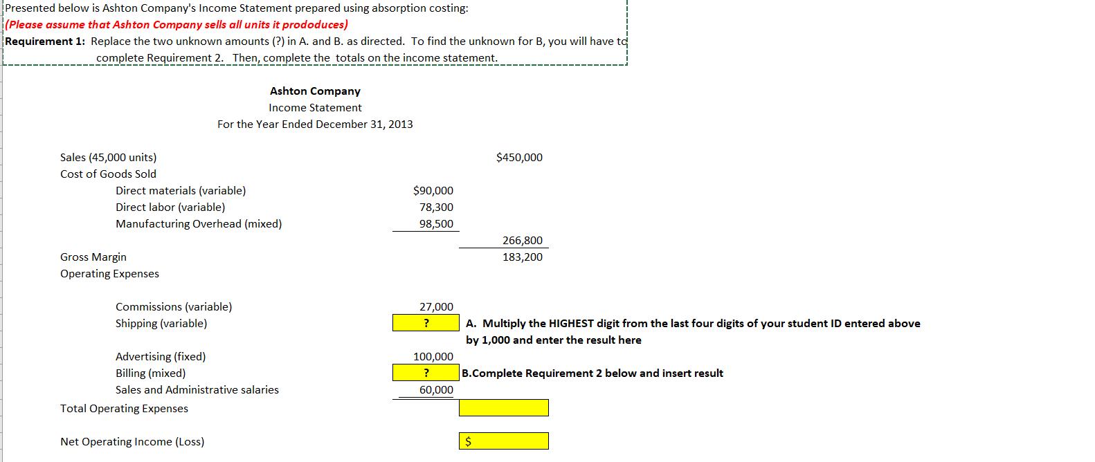 Presented below is Ashton Company's Income Statement prepared using absorption costing: (Please
