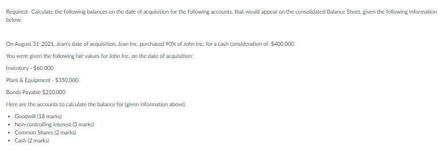 Required: Calculate the following balances on the date of acquisition for the following accounts, that would appear on the co