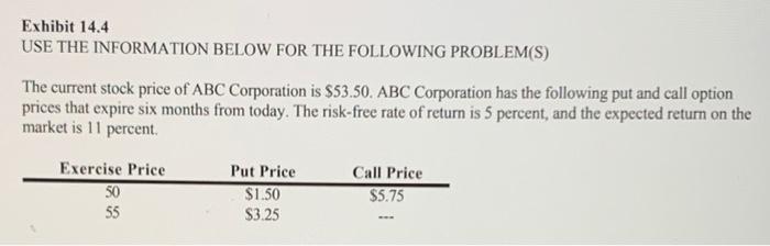 Exhibit ( 14.4 ) USE THE INFORMATION BELOW FOR THE FOLLOWING PROBLEM(S) The current stock price of ( mathrm{ABC} ) Corpo