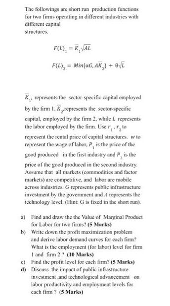 The followings are short run production functions for two firms operating in different industries with