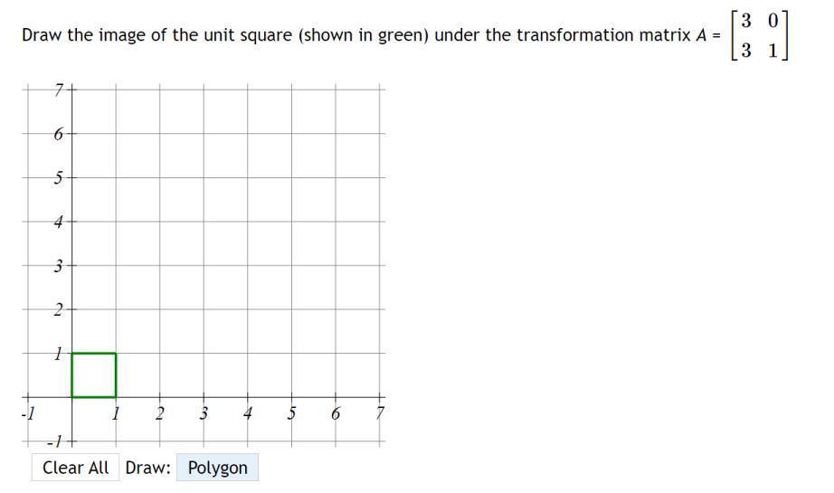 Draw the image of the unit square (shown in green) under the transformation matrix ( A=left[begin{array}{ll}3 & 0  3 & 1