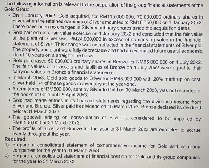 The following information is relevant to the preparation of the group financial statements of the Gold Group: . On 1 January