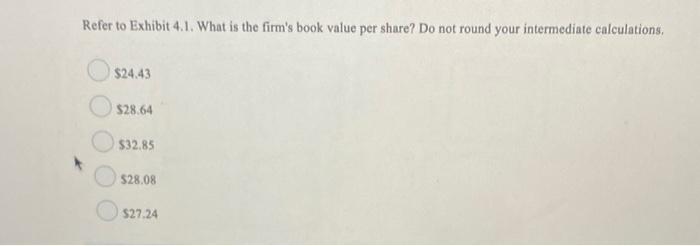 Refer to Exhibit 4.1. What is the firm's book value per share? Do not round your intermediate calculations.