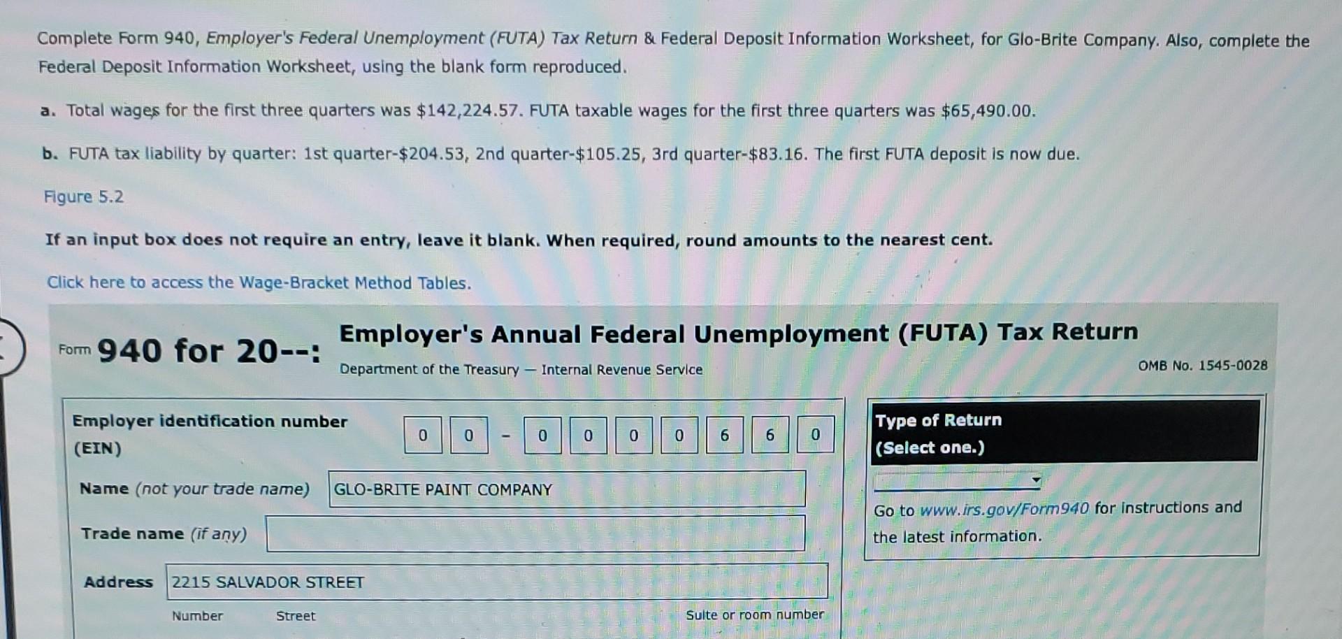 Complete Form 940, Employer's Federal Unemployment (FUTA) Tax Return & Federal Deposit Information Worksheet,