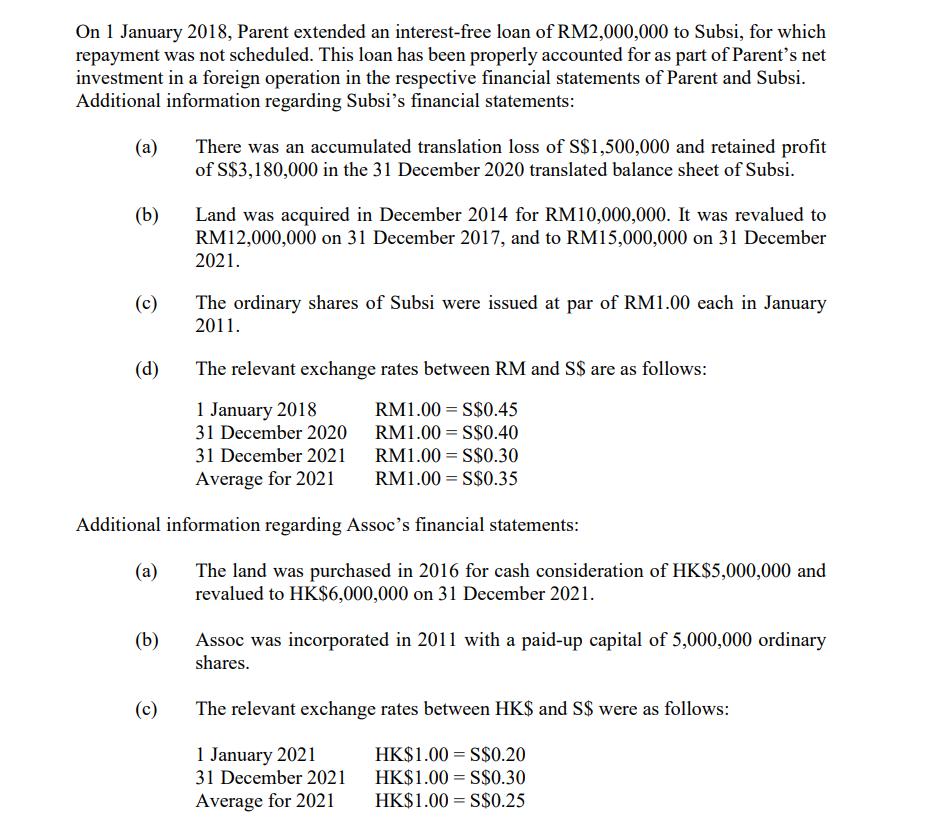 n 1 January 2018, Parent extended an interest-free loan of RM2,000,000 to Subsi, for which payment was not scheduled. This lo