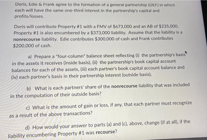 Doris, Edie & Frank agree to the formation of a general partnership (DEF) in which each will have the same one-third interest