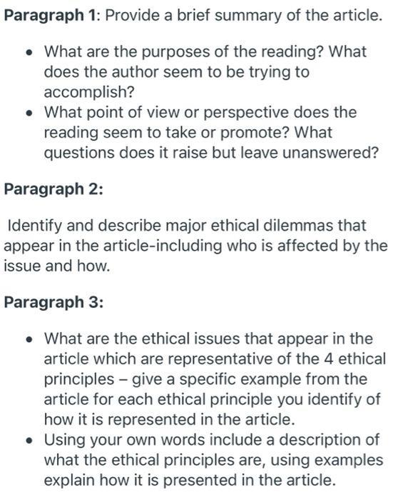 Paragraph 1: Provide a brief summary of the article. • What are the purposes of the reading? What does the author seem to be