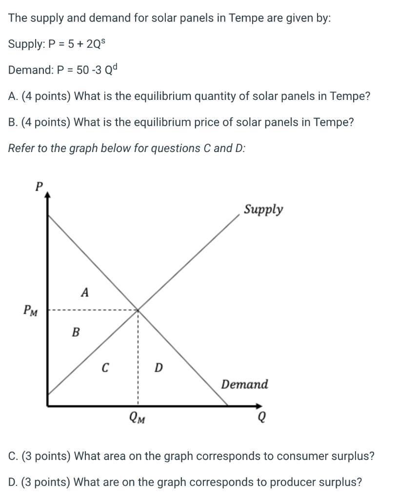 The supply and demand for solar panels in Tempe are given by: Supply: ( P=5+2 Q^{s} ) Demand: ( P=50-3 Q^{d} ) A. (4 poin