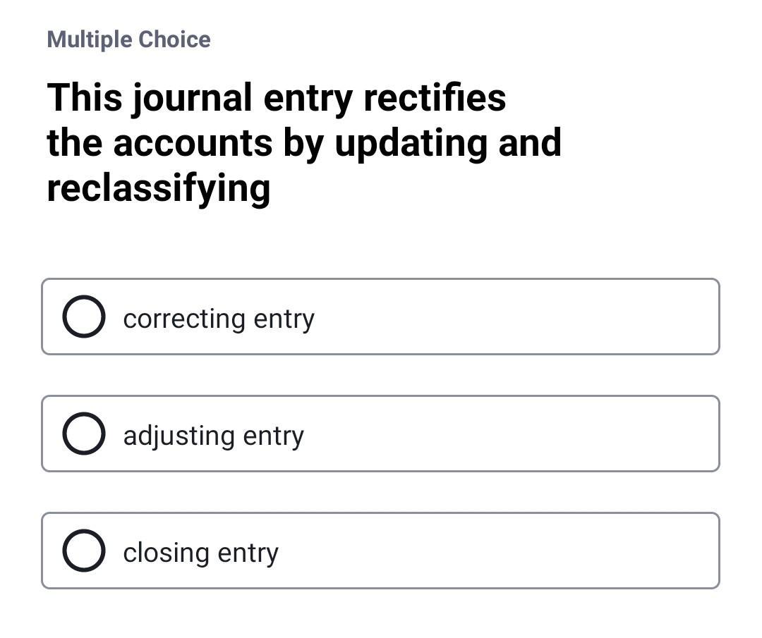 O True O False Multiple Choice This journal entry rectifies the accounts
