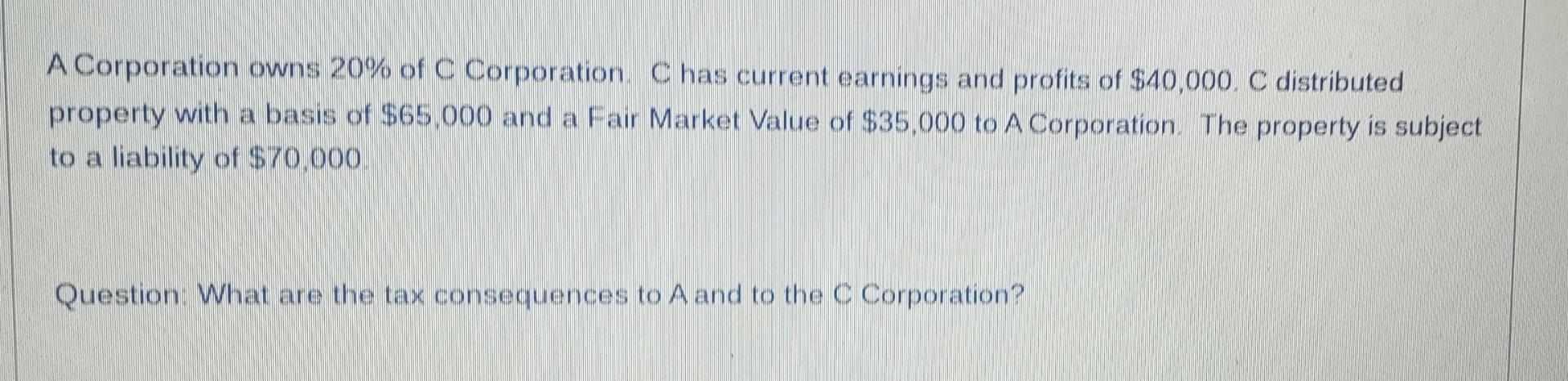 A Corporation owns 20% of C Corporation. C has current earnings and profits of $40,000. C distributed property with a basis o