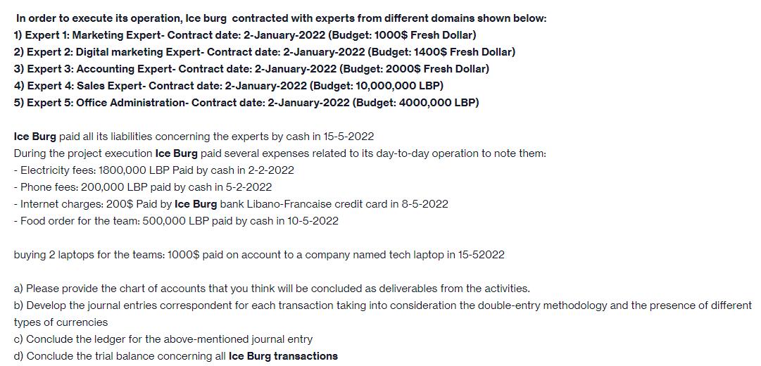 In order to execute its operation, Ice burg contracted with experts from different domains shown below: 1) Expert 1: Marketin