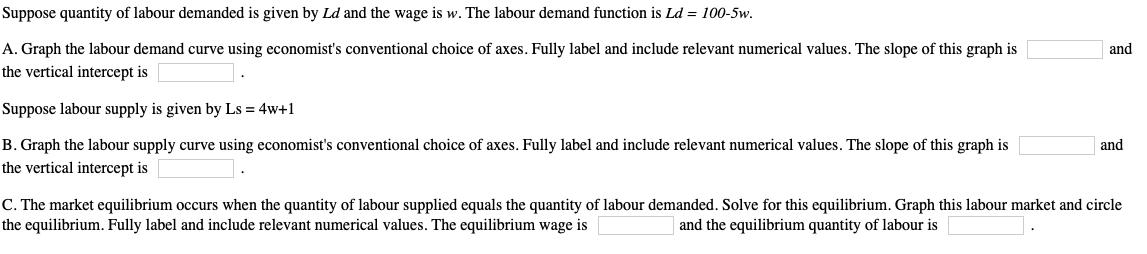 and Suppose quantity of labour demanded is given by Ld and the wage is w. The labour demand function is Ld = 100-5w. A. Graph