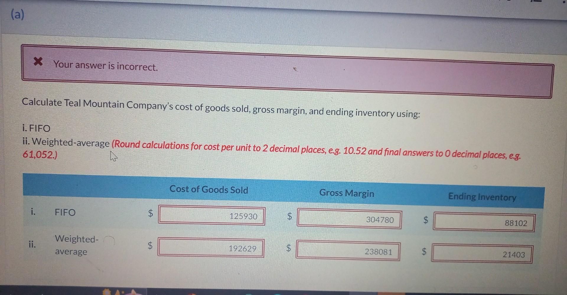 Calculate Teal Mountain Companys cost of goods sold, gross margin, and ending inventory using:i. FIFOii. Weighted-average