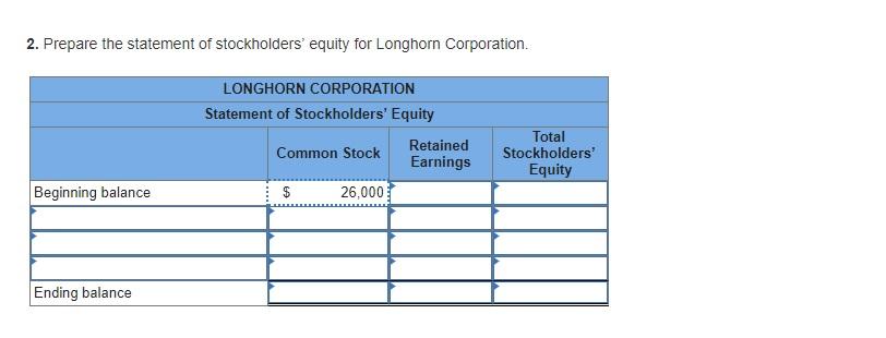2. Prepare the statement of stockholders equity for Longhorn Corporation. LONGHORN CORPORATION Statement of Stockholders Eq