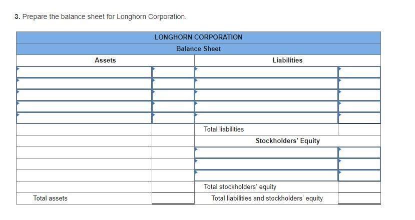 3. Prepare the balance sheet for Longhorn Corporation. LONGHORN CORPORATION Balance Sheet Assets Liabilities Total liabilitie