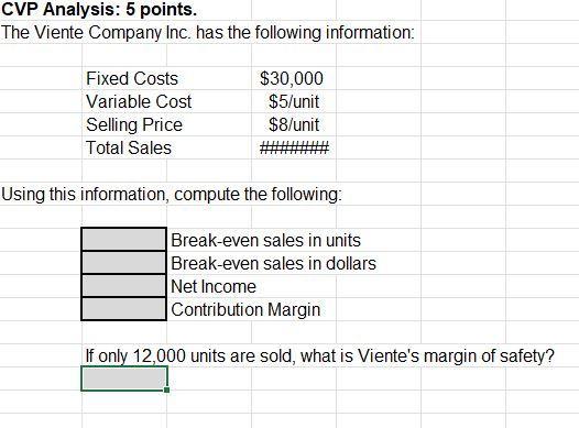 CVP Analysis: 5 points. The Viente Company Inc. has the following information: begin{tabular}{l|r} hline Fixed Costs & ( 