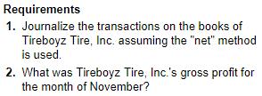 Requirements 1. Journalize the transactions on the books of Tireboyz Tire, Inc. assuming the 