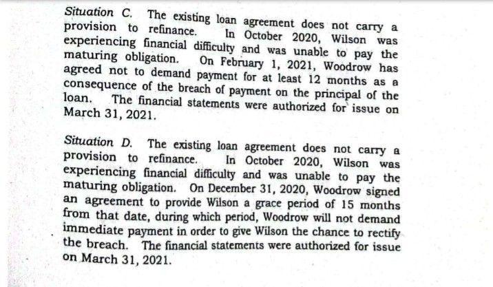Situation C. The existing loan agreement does not carry a provision to refinance. In October 2020, Wilson was experiencing fi