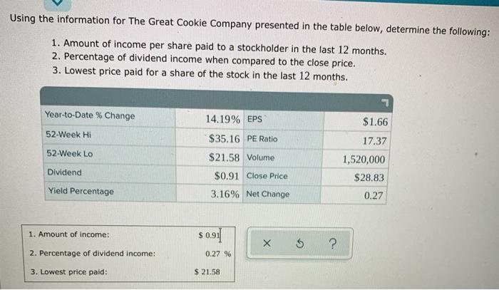 Using the information for The Great Cookie Company presented in the table below, determine the following: 1. Amount of income