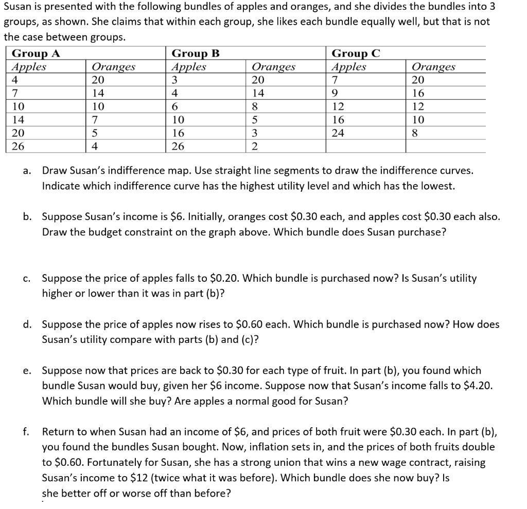 Susan is presented with the following bundles of apples and oranges, and she divides the bundles into 3