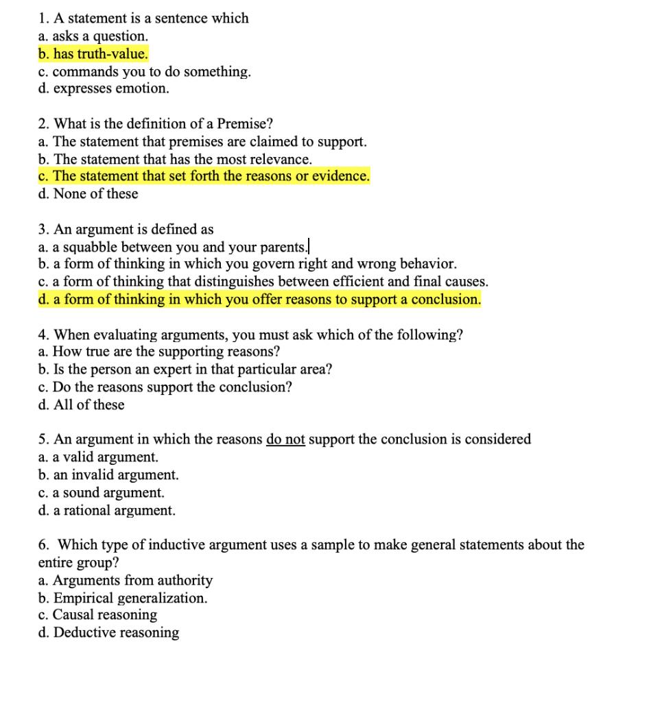 1. A statement is a sentence which a. asks a question. b.