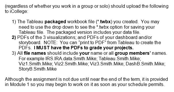 (regardless of whether you work in a group or solo) should upload the following to iCollege: 1) The Tableau