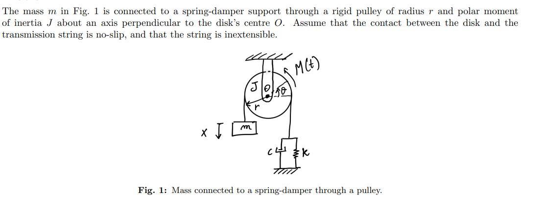 The mass ( m ) in Fig. 1 is connected to a spring-damper support through a rigid pulley of radius ( r ) and polar moment