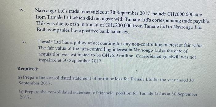 iv. Navrongo Ltds trade receivables at 30 September 2017 include GH 600,000 due from Tamale Ltd which did not agree with Tam