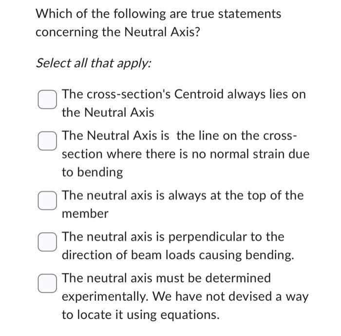 Which of the following are true statements concerning the Neutral Axis? Select all that apply: The cross-sections Centroid a