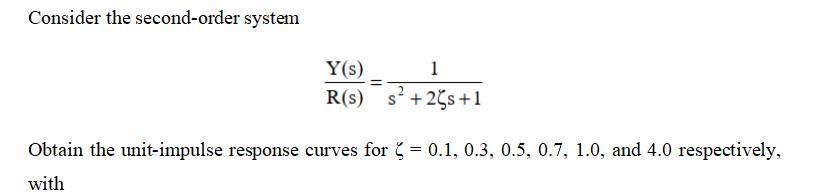 Consider the second-order system [ frac{Y(s)}{R(s)}=frac{1}{s^{2}+2 zeta s+1} ] Obtain the unit-impulse response curves