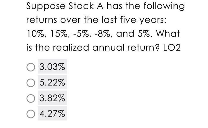 Suppose Stock A has the following returns over the last five years: ( 10 %, 15 %,-5 %,-8 % ), and ( 5 % ). What is t