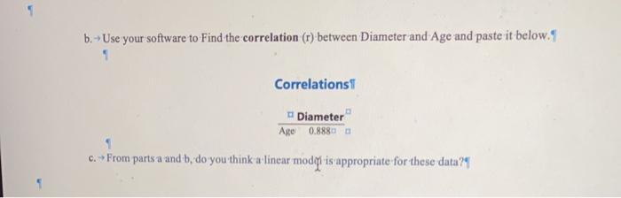 6. Use your software to Find the correlation (r) between Diameter and Age and paste it below.9 Correlations Diameter Age 0.88