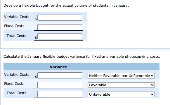 Develop a flexible budget for the actual volume of students in January. Variable Costs Fixed Costs Total Costs Calculate the