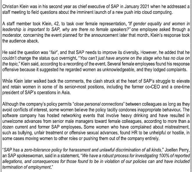 Christian Klein was in his second year as chief executive of SAP in January 2021 when he addressed a staff