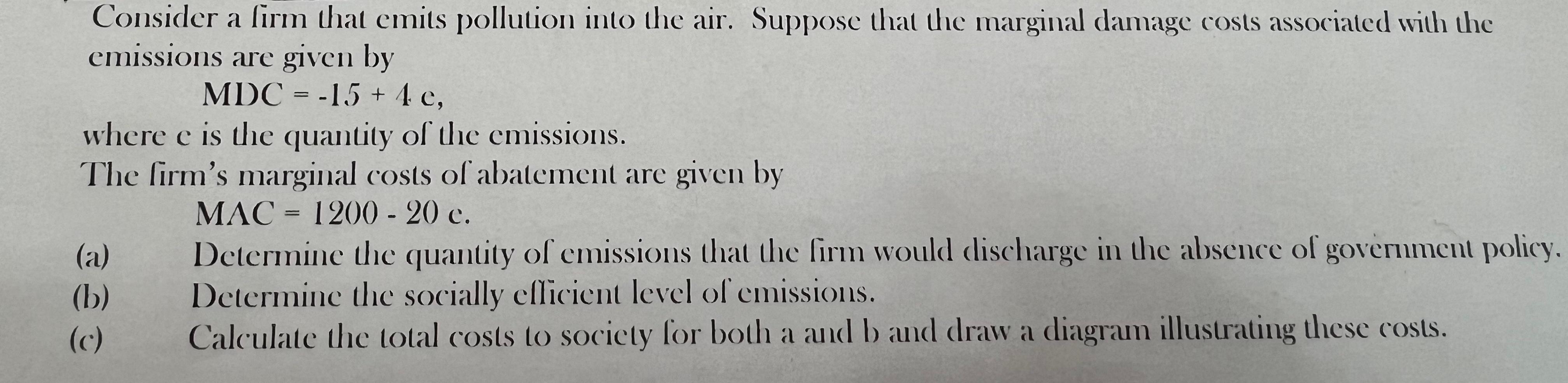 Consider a firm that emits pollution into the air. Suppose that the marginal damage costs associated with the emissions are g