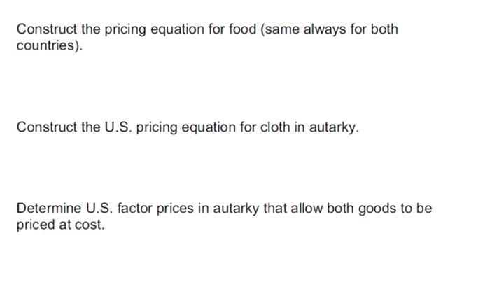 Construct the pricing equation for food (same always for both countries). Construct the U.S. pricing equation for cloth in au