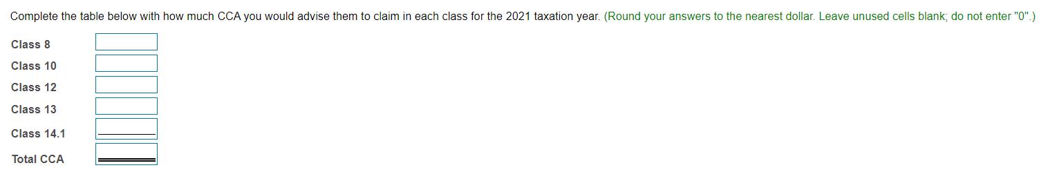 Complete the table below with how much CCA you would advise them to claim in each class for the 2021 taxation
