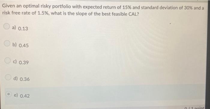 Given an optimal risky portfolio with expected return of ( 15 % ) and standard deviation of ( 30 % ) and a risk free ra